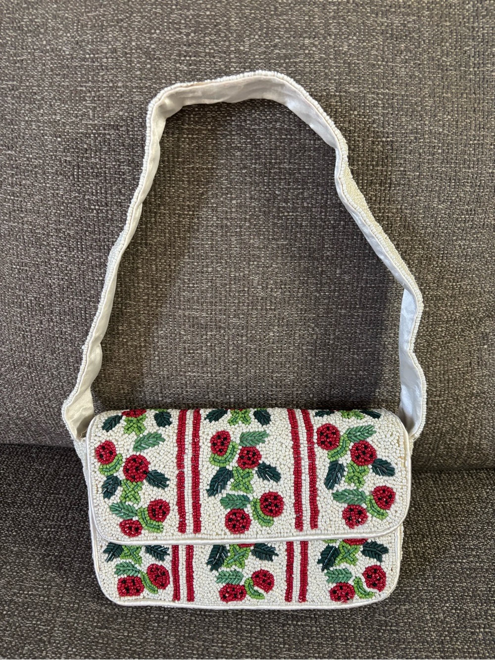 Rachel Zoe White Beaded Shoulder Bag with Red Floral Accents